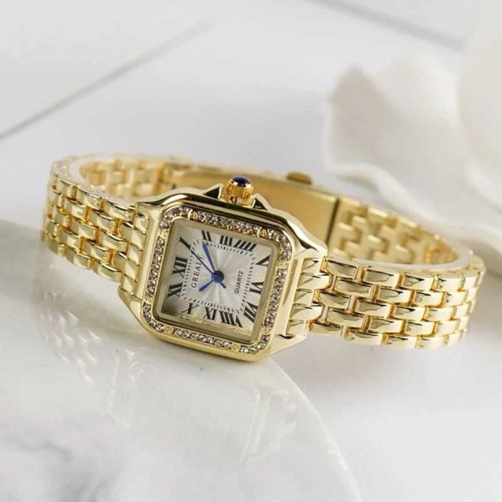Luxury Gold Plated Zircon Square Quartz Watch